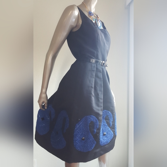 *$4,000 OSCAR DE LA RENTA GORGEOUS BLACK BLUE BEADED RUNWAY SILK DRESS US 0, M - Picture 6 of 13